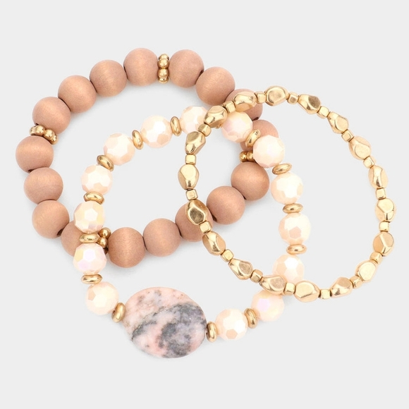 Pink and Gold Tone Natural Stone Multi Layered Bracelets - Picture 2 of 2